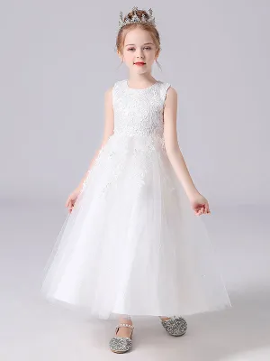 White Jewel Neck Sleeveless Bows Kids Party Dresses Princess Dress