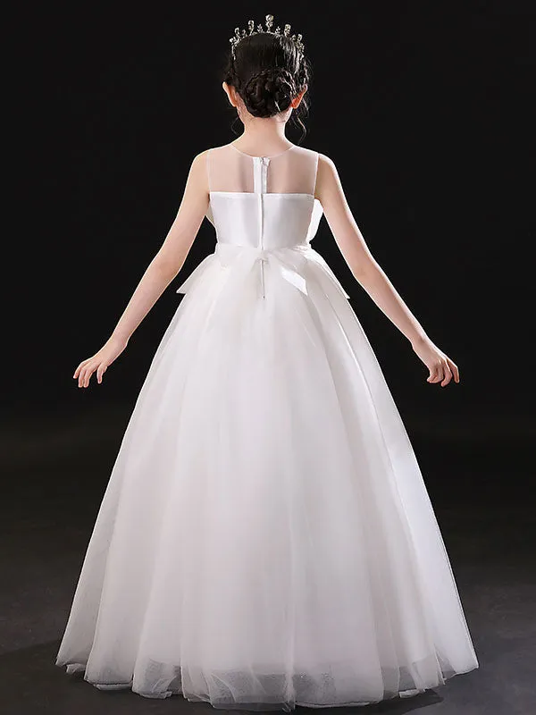 White Jewel Neck Sleeveless Floor-Length Tulle Princess Dress Pleated Kids Party Dresses
