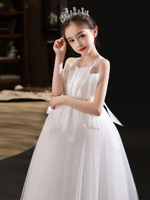 White Jewel Neck Sleeveless Floor-Length Tulle Princess Dress Pleated Kids Party Dresses