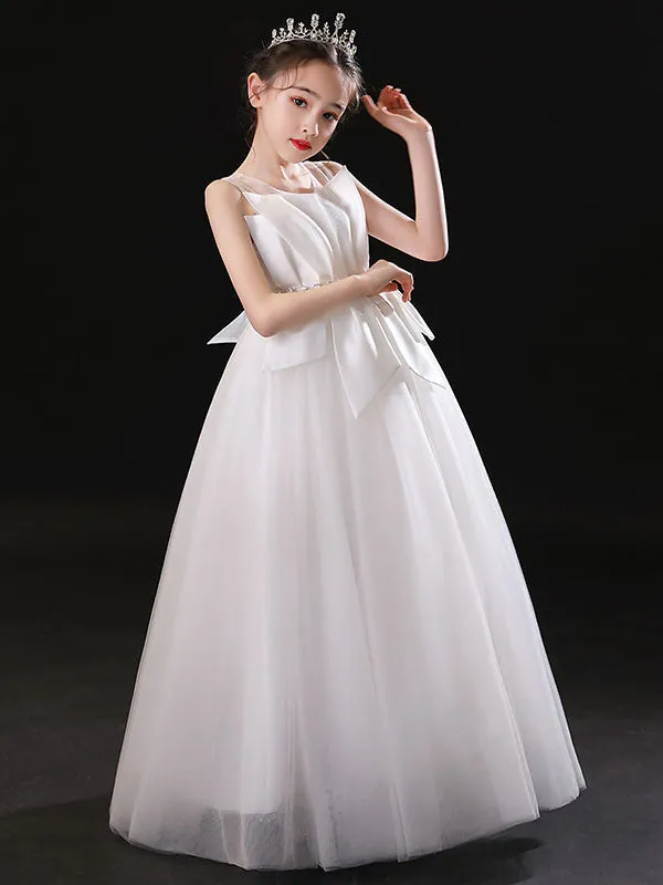 White Jewel Neck Sleeveless Floor-Length Tulle Princess Dress Pleated Kids Party Dresses
