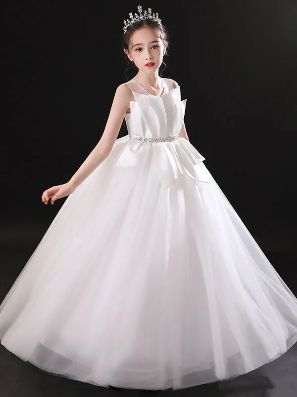 White Jewel Neck Sleeveless Floor-Length Tulle Princess Dress Pleated Kids Party Dresses