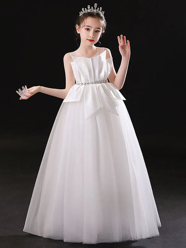 White Jewel Neck Sleeveless Floor-Length Tulle Princess Dress Pleated Kids Party Dresses