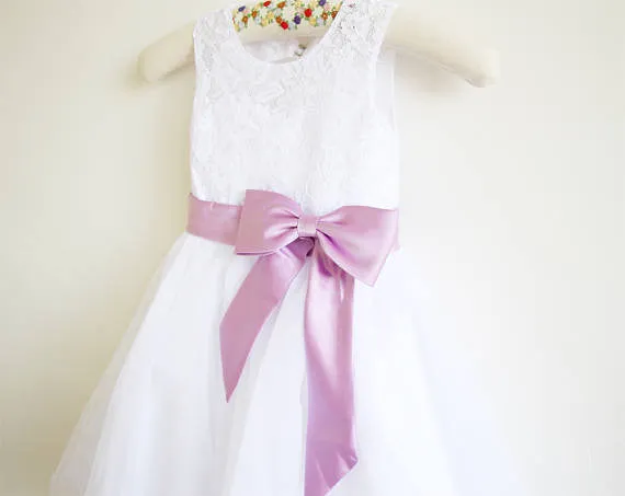 White Lace Lilac Baby Girls Dress, Tulle Flower Girl Dress With Lilac Sash OK203