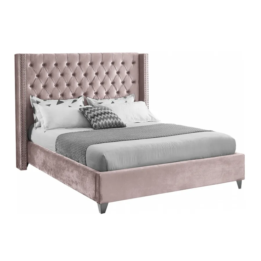 Wing Tufted Bed - Blush Velvet