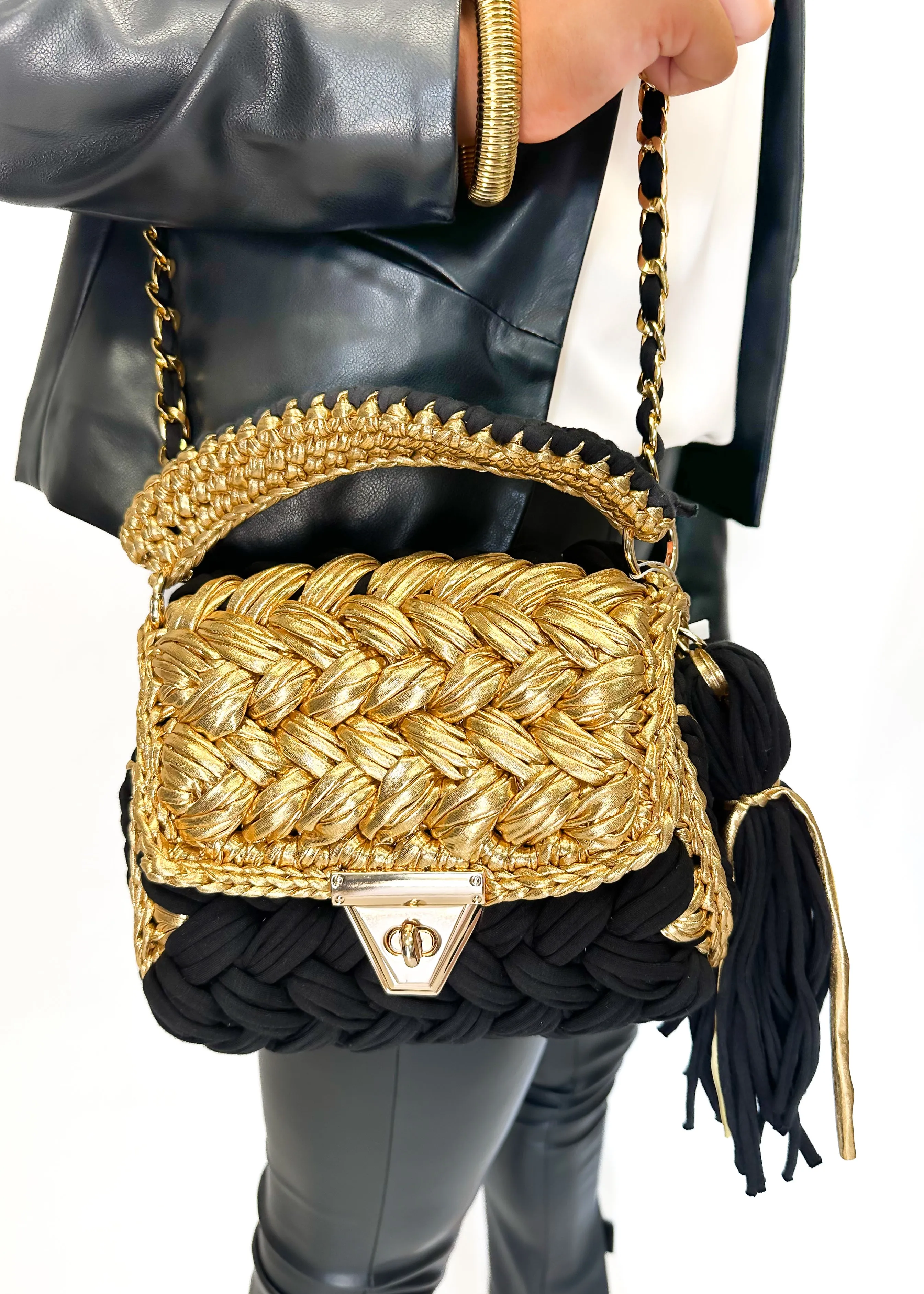 Wolf & Willa Bliss 2 Crocheted Bag with Gold Flap - Black