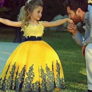 yellow flower girl dresses for weddings Lace Applique cheap toddle little girl dresses first communion dress